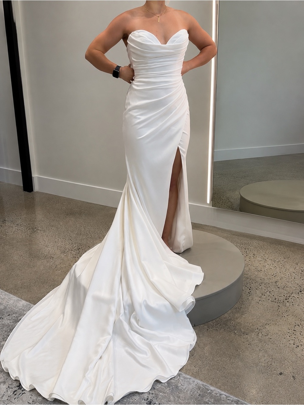Strapless White Satin Mermaid Gown with Side Slit